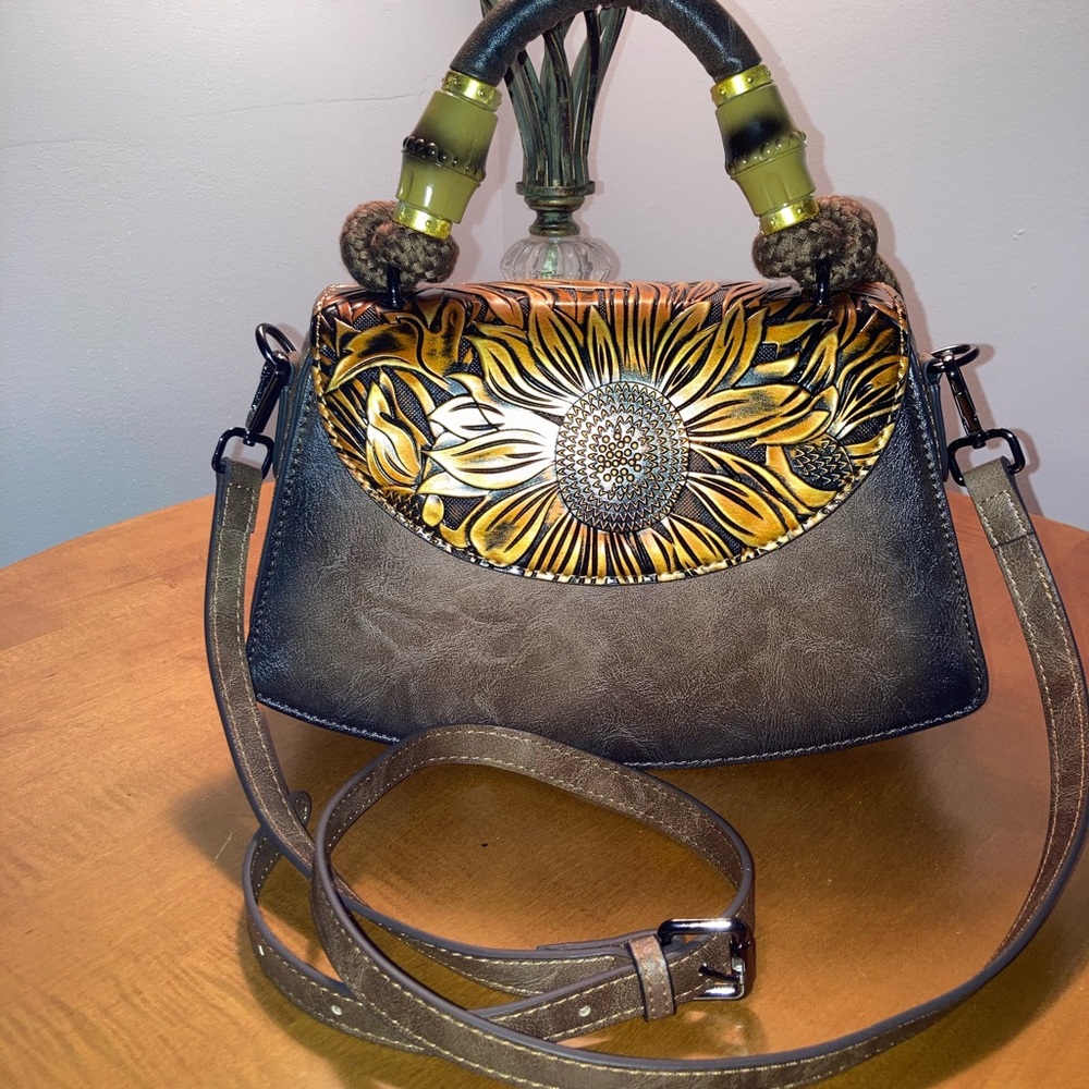 Vintage Floral Motif “Brown” PU Leather Satchel w/Bamboo Style Handles (NWOT)
